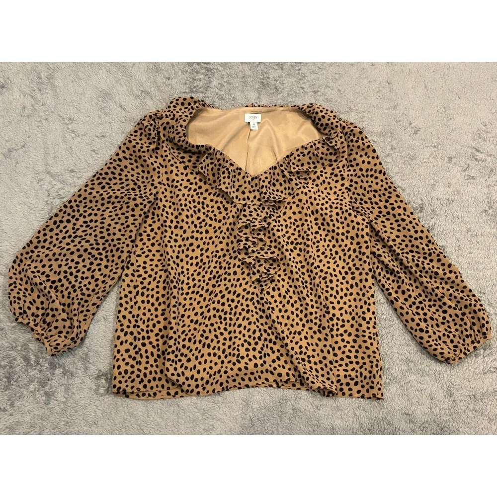 J Crew Smocked Puff Sleeve Blouse Womens Medium Brown Spotted Ruffle V-Neck Top